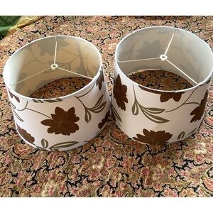 Two Linen Cream Brown Olive Green Large Flower Blooms Leaves Modern Drum Shades